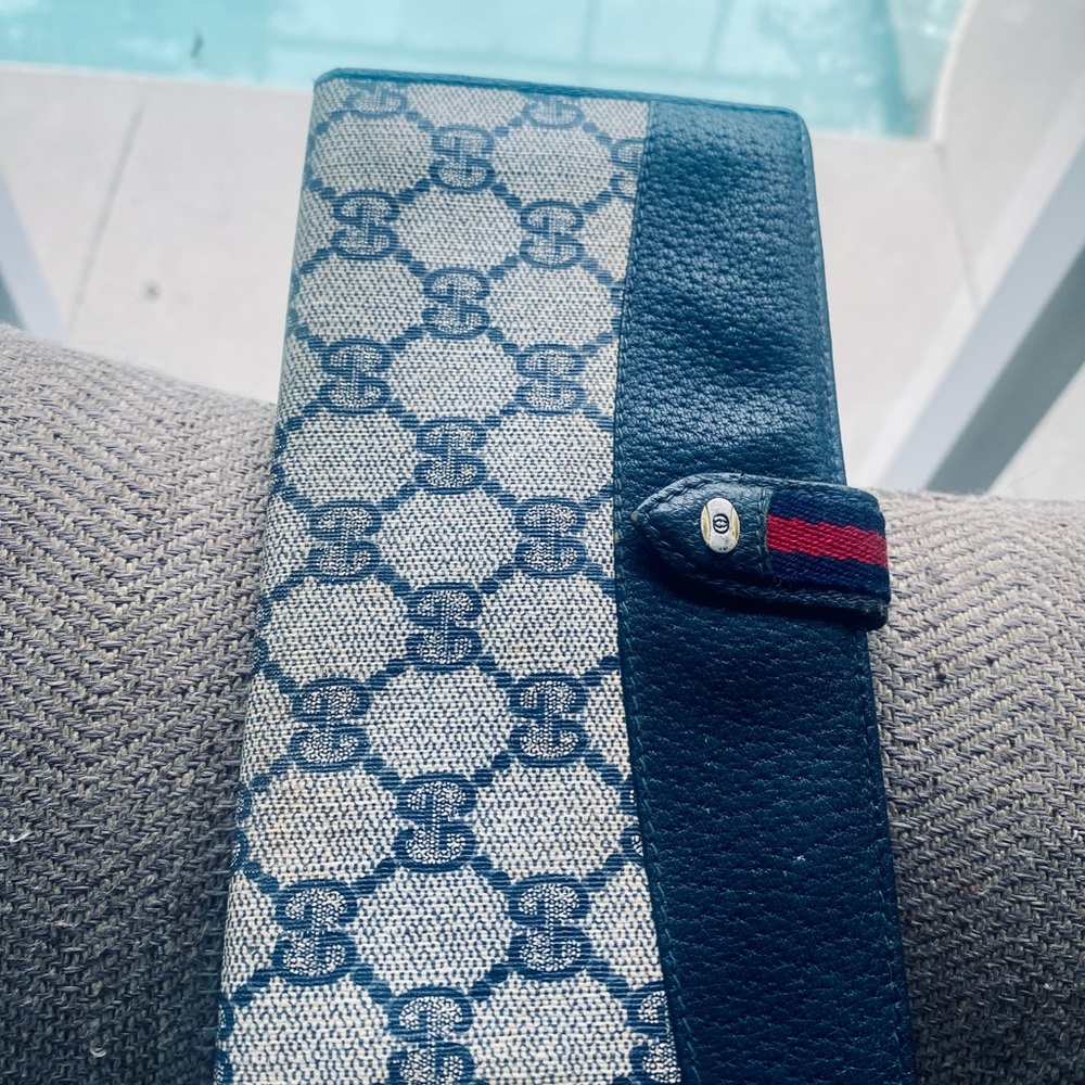 Gucci Blue Monogram Wallet with Leather Trim